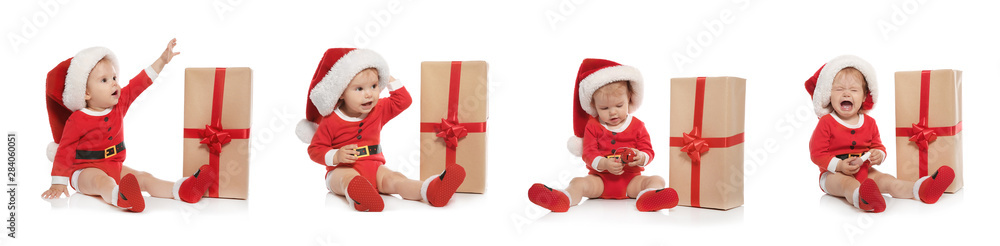 Set of cute little baby in Christmas costume and gift on white background. Banner design Set of cute little baby in Christmas costume and gift on white background. Banner design