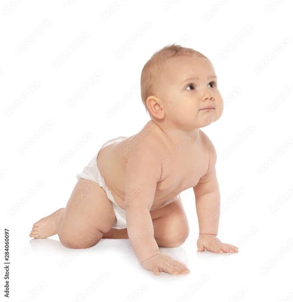 Cute little baby crawling on white background Cute little baby crawling on white background