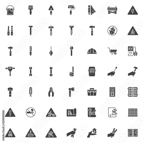 Construction vector icons set, modern solid symbol collection, filled style pictogram pack. Signs logo illustration. Set includes icons as repair service, hammer, home, under construction sign, helmet