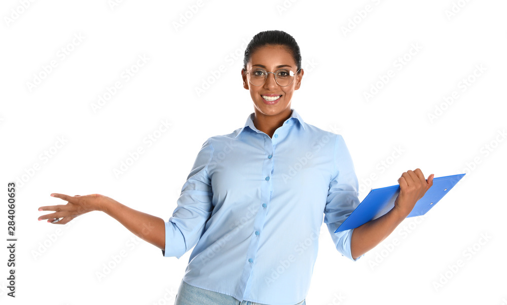Beautiful Hispanic businesswoman with clipboard on white background Beautiful Hispanic businesswoman with clipboard on white background