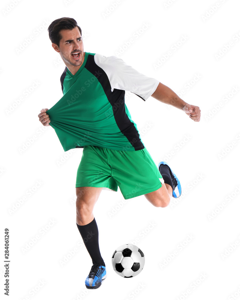 Young man playing football on white background