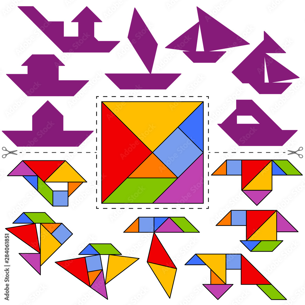 Vecteur Stock Set of vector tangram puzzles (geometric puzzle) for the  development of logical thinking of children and adults. Water transport.  Collection of 7 ships and answer card. Vector illustration | Adobe Stock