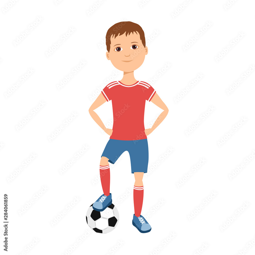 Young soccer player in red t-shirt and ball Isolated on white background. Vector illustration of sportsman boy in sports uniform in cartoon simple flat style.