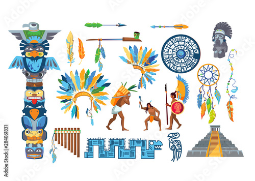 Maya civilization item set. Tribal rituals, feathers, decoration, Aztecs. History concept. Vector illustrations can be used for tribe, ethnicity, culture