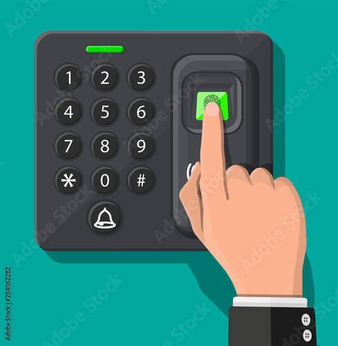 Password and fingerprint security device at office or home door. Access control machine or time the attendance. Proximity card reader. Vector illustration in flat style