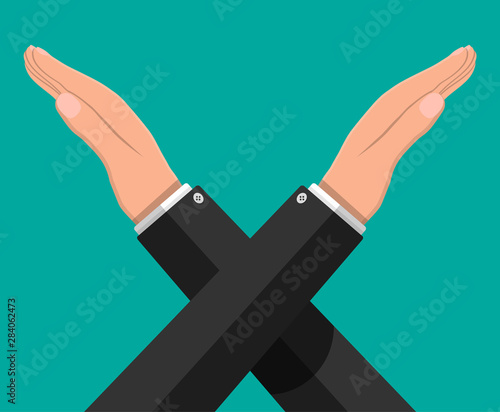 Man gestures cross hands. Say no gesture. Boycott, protest or rejection. Crossing arms. Negative or stop symbol. Prohibition and denial expression. Vector illustration in flat style