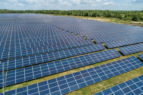 Aerial top view of a solar pannels power plant