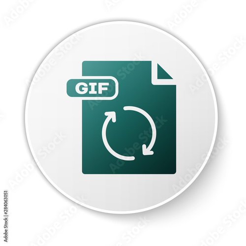 Green GIF file document. Download gif button icon isolated on white background. GIF file symbol. White circle button. Vector Illustration