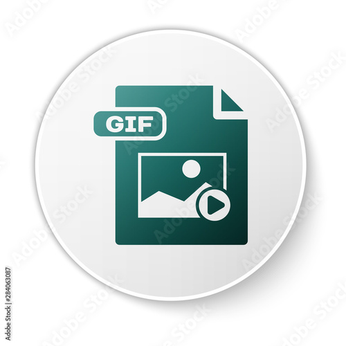 Green GIF file document. Download gif button icon isolated on white background. GIF file symbol. White circle button. Vector Illustration