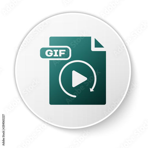 Green GIF file document. Download gif button icon isolated on white background. GIF file symbol. White circle button. Vector Illustration