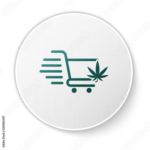 Green Shopping cart with marijuana or cannabis leaf icon isolated on white background. Online buying. Delivery service. Supermarket basket. White circle button. Vector Illustration