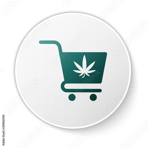 Green Shopping cart with marijuana or cannabis leaf icon isolated on white background. Online buying. Delivery service. Supermarket basket. White circle button. Vector Illustration