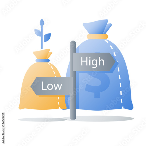 Slow or fast financial growth, low or high investment risk, small or large interest rate, capital allocation, less or more money