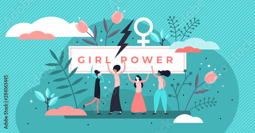 Feminism vector illustration. Tiny woman gender movement persons concept.