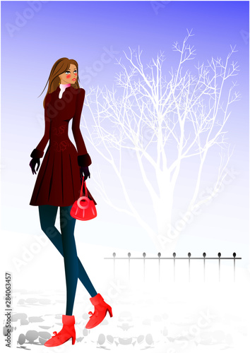 女性、冬、雪、公園