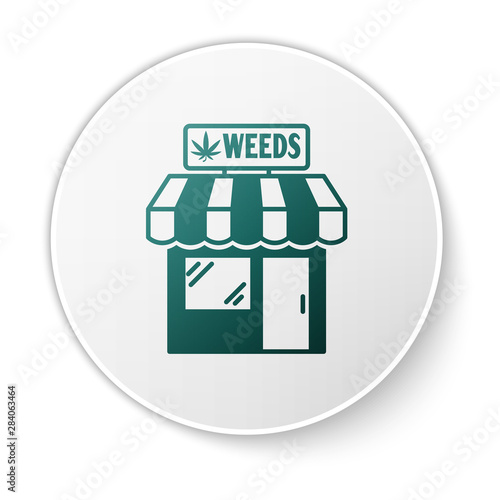Green Marijuana and cannabis store icon isolated on white background. Equipment and accessories for smoking, storing medical cannabis. White circle button. Vector Illustration