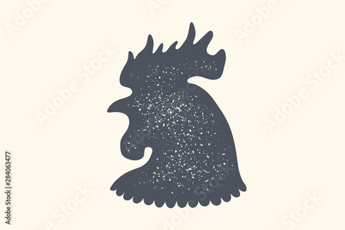 Rooster, poultry. Vintage logo, retro print, poster for Butchery