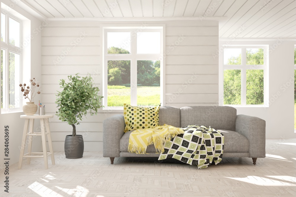 Stylish room in white color with sofa and summer landscape in window. Scandinavian interior design. 3D illustration - obrazy, fototapety, plakaty 