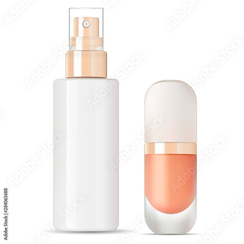 Cosmetic Water Essence. Spray Bottle, Base Cream Product. Beauty Serum Illustration. Elegant Package with Dispencer for Thermal Aqua, Collagen, Moisture, Fresh Hydrate. Skin Care Packaging Mockup