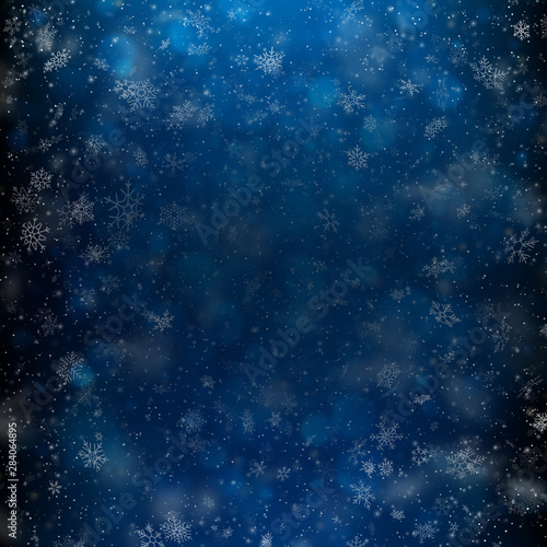 Fallen defocused light and snowflakes. Winter dark background template. EPS 10