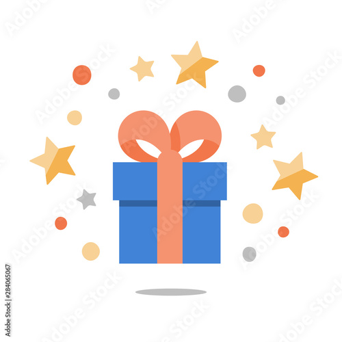 Present box with ribbon, shining gift with stars, surprising big gift, reward program, special prize