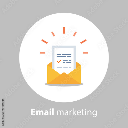 Newsletter concept, email marketing strategy, opened envelope, writing letter, summary news rss services