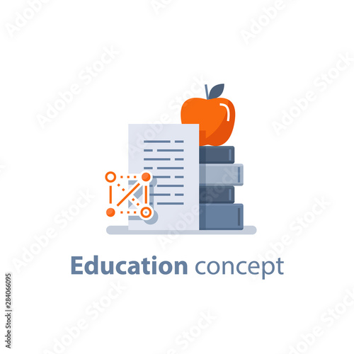Stack of books and apple on top, education concept, learning course, accomplishment, vector illustration