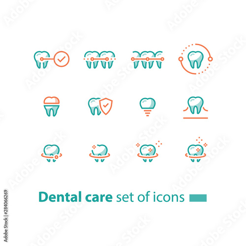 Teeth braces, dental care, stomatology services, cleaning and whitening, implant and crown, protection concept, line icons