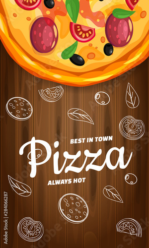 Pizza Pizzeria Italian template vertical flyer baner with ingredients and text on wooden background