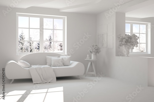 Mock up of stylish room in white color with sofa. Scandinavian interior design. 3D illustration