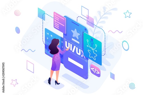 Isometric concept a young woman creates a custom design for a mobile application, Ui UX design. Concept for web design