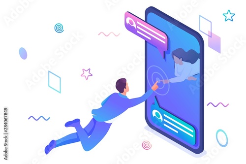 Isometric concept Unlimited possibilities of social networks, a young girl communicates with a young man via the Internet. Online Dating. Concept for web design
