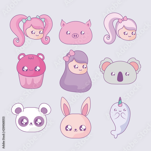 set of cupcake with girls and cute animals kawaii style