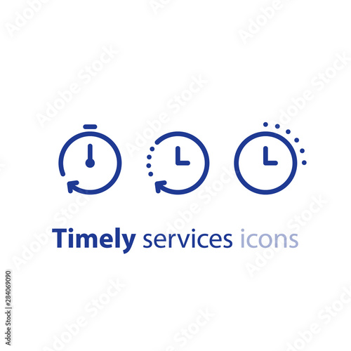 Time clock line icon set, fast delivery, quick service, working hours