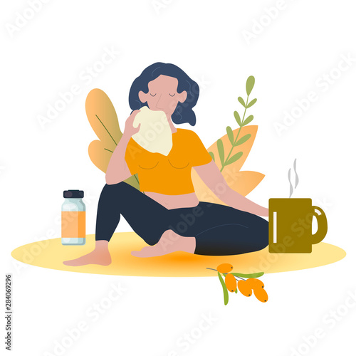 Young girl caught cold flu or virus with handkerchief vector illustration. High temperature and girl holds napkin. Ways to treat illness. Honey, tea and medicine for catched cold.