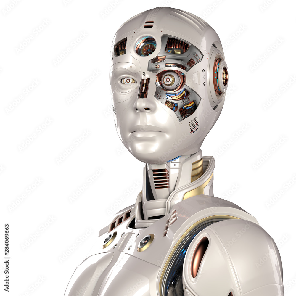 portrait of futuristic robot man or very detailed android cyborg with some  uncovered parts on his face showing the internal head and its various  metallic components. Isolated on white. 3D render Stock