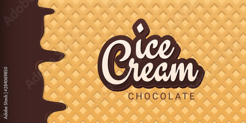 Ice Cream banner with wafer background. Cafe menu, ice cream dessert poster, food packaging design.