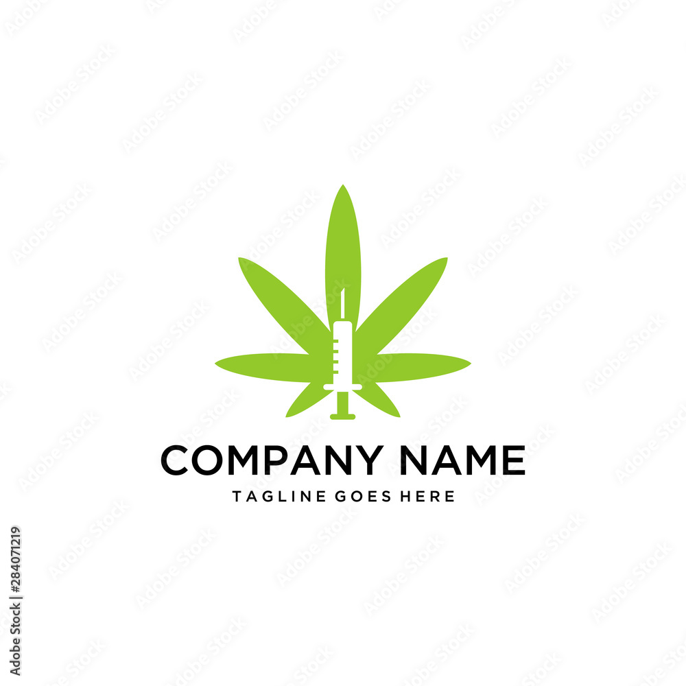 Illustration of cannabis leaf with an injection in it for health logo design