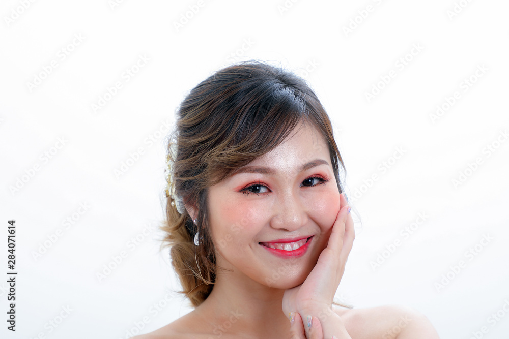 Young beautiful Asian woman look smile black white space background Young beautiful Asian woman look smile black white space background
