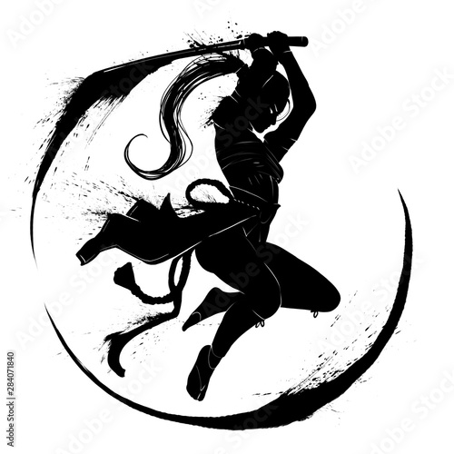 Silhouette of a samurai girl in a deadly jump with sword. 2D Illustration. photo