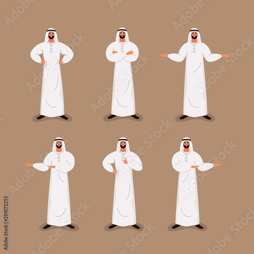 Arab handsome bearded businessman in traditional formal clothes in different poses. Set of saudi Male cartoon character. Vector illustration in cartoon style.