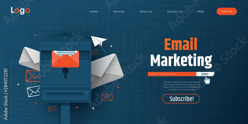 Email marketing, newsletter marketing, email subscription and drip campaign with icon. Flat design, vector illustration on background.