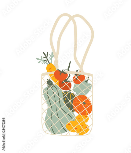 Mesh eco bag full of vegetables isolated on white background. Modern shopper with fresh organic food from local market. Vector illustration in flat cartoon style.