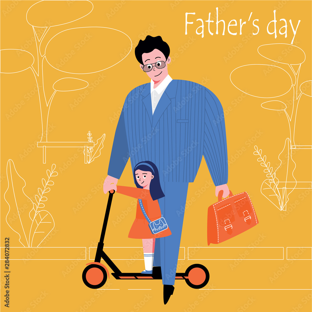 A father and daughter ride a scooter in the morning in the park to work and kindergarten. A father and daughter ride a scooter in the morning in the park to work and kindergarten.
