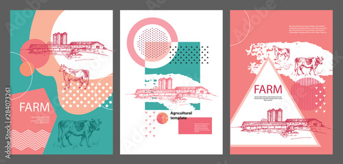 Vector image of barns, grain elevators and cows. Geometric composition. Agricultural illustration. Template for pages, covers, flyers, banners. Set of agricultural banners.