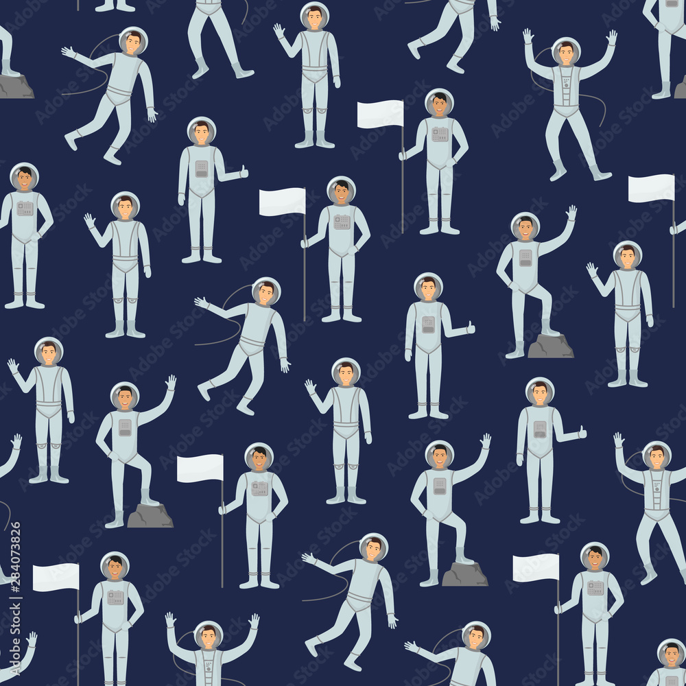 Cartoon Characters Astronauts Person in Different Pose Seamless Pattern Background. Vector Cartoon Characters Astronauts Person in Different Pose Seamless Pattern Background. Vector