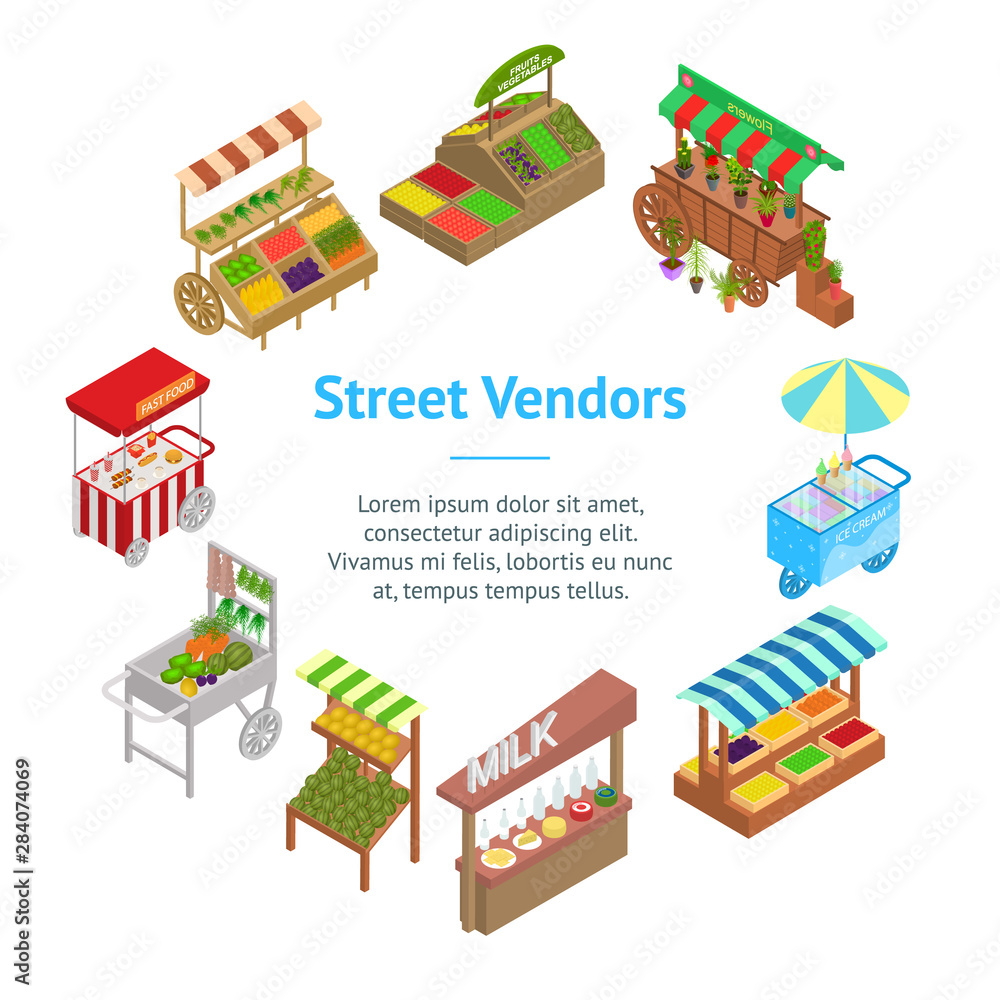 Vendor Food Street Signs 3d Banner Card Circle Isometric View. Vector