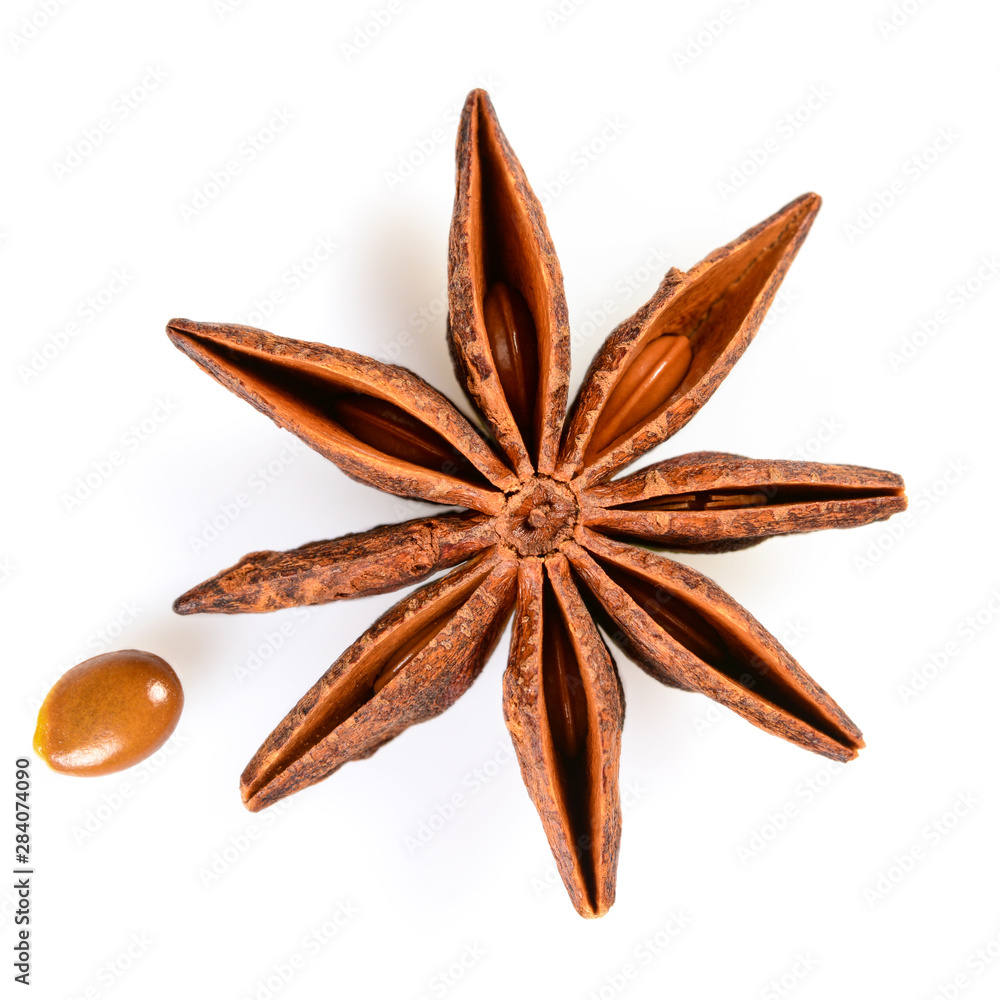 Star anise. Single star anise fruit with seed. Macro close up Isolated on white square background with shadow, top view of chinese badiane spice or Illicium verum. Star anise. Single star anise fruit with seed. Macro close up Isolated on white square background with shadow, top view of chinese badiane spice or Illicium verum.