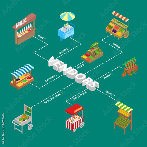 Vendor Food Street Signs 3d Infographics Isometric View. Vector