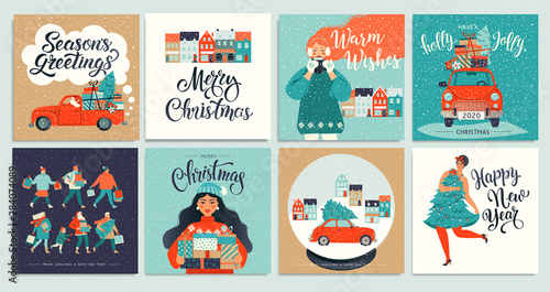 Christmas and New Year's Template Set for Greeting Scrapbooking, Congratulations, Invitations, Tags, Stickers, Postcards. Christmas Posters set. Vector illustration.